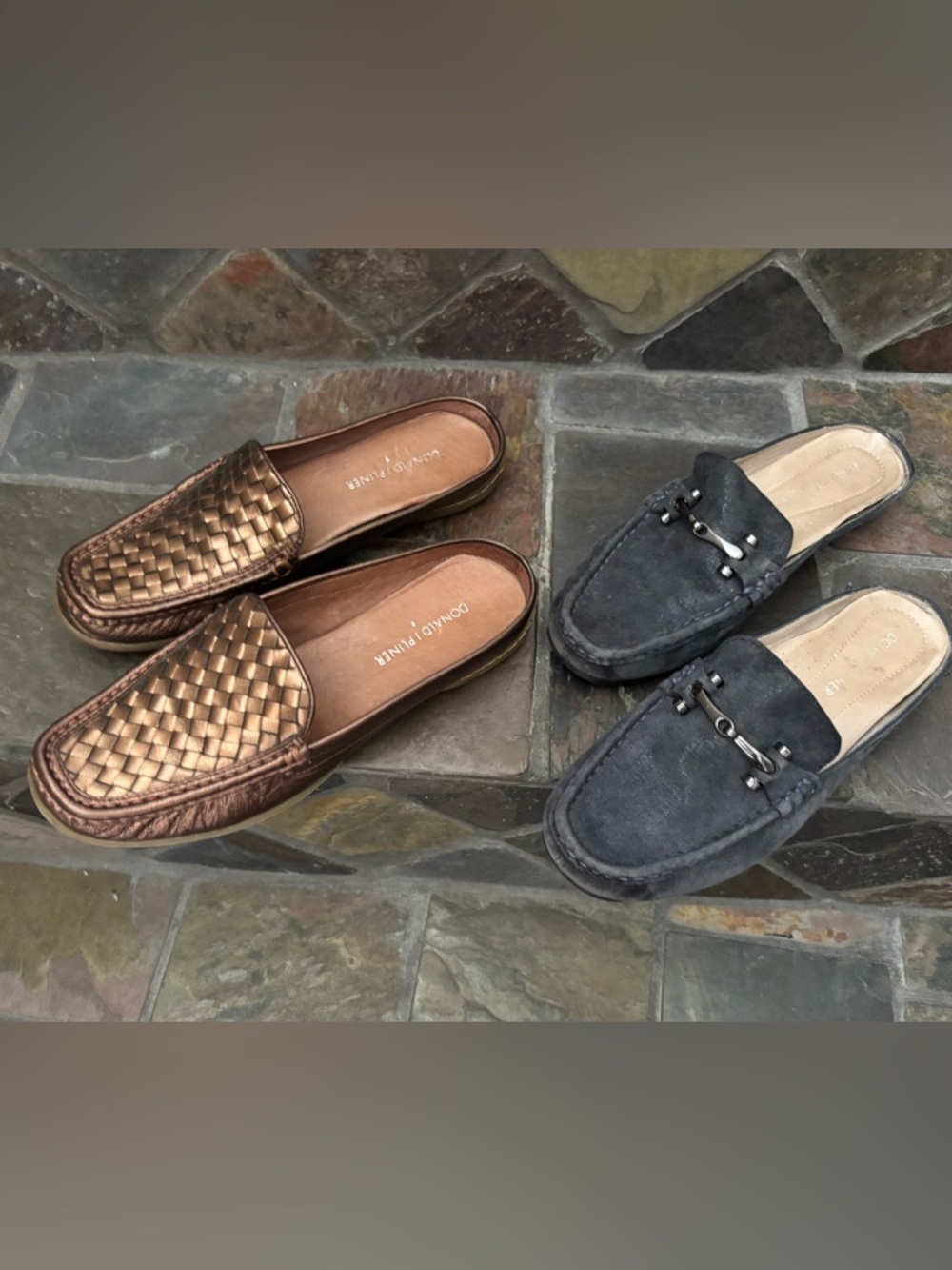 Donald J. Pliner Two-Pair Mules Leather Slides— Bronze Woven& Slate Blue Loafer - Picture 5 of 6